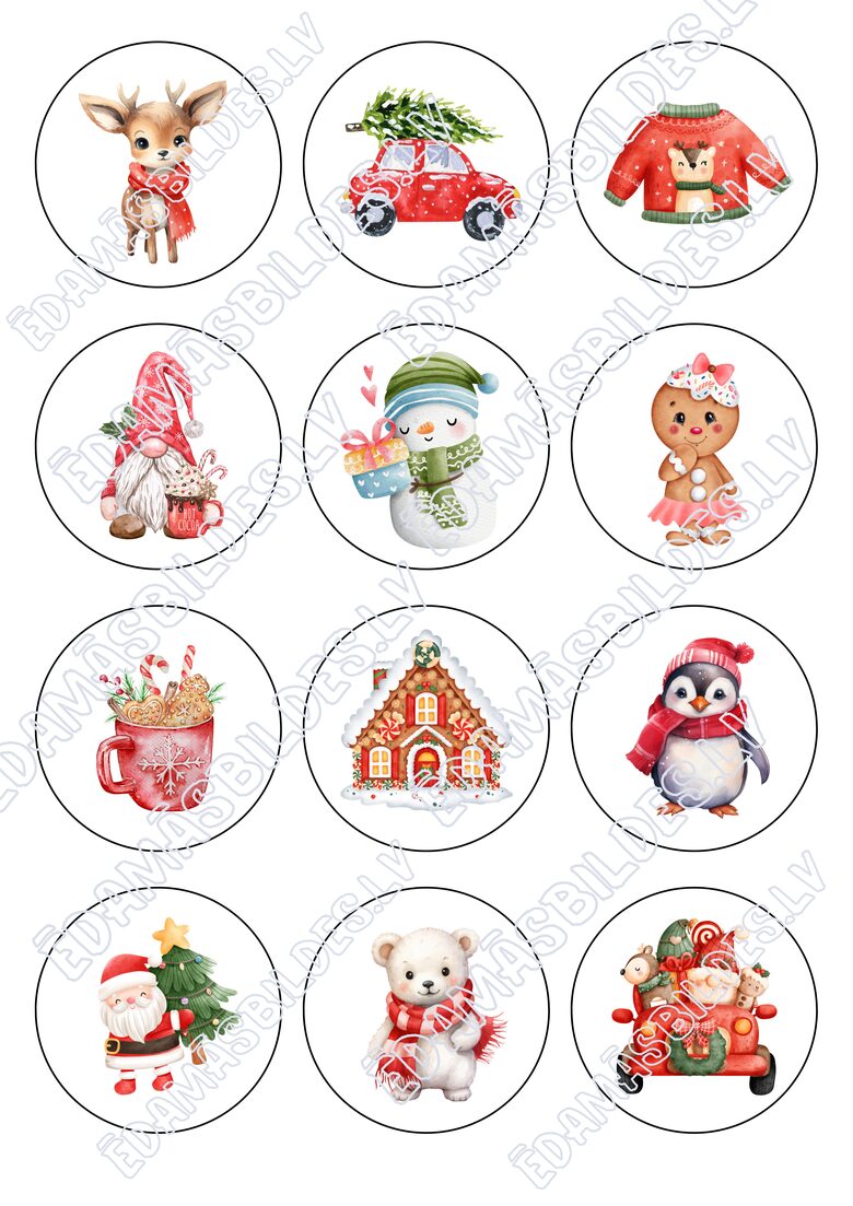 Cukura papīrs ar apdruku "Ziemassvētki Nr 4",  aplīši 6 cm